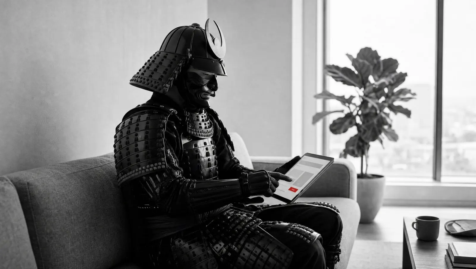 Ein Samurai sitzt entspannt auf einem Sofa und tippt auf einem Tablet.