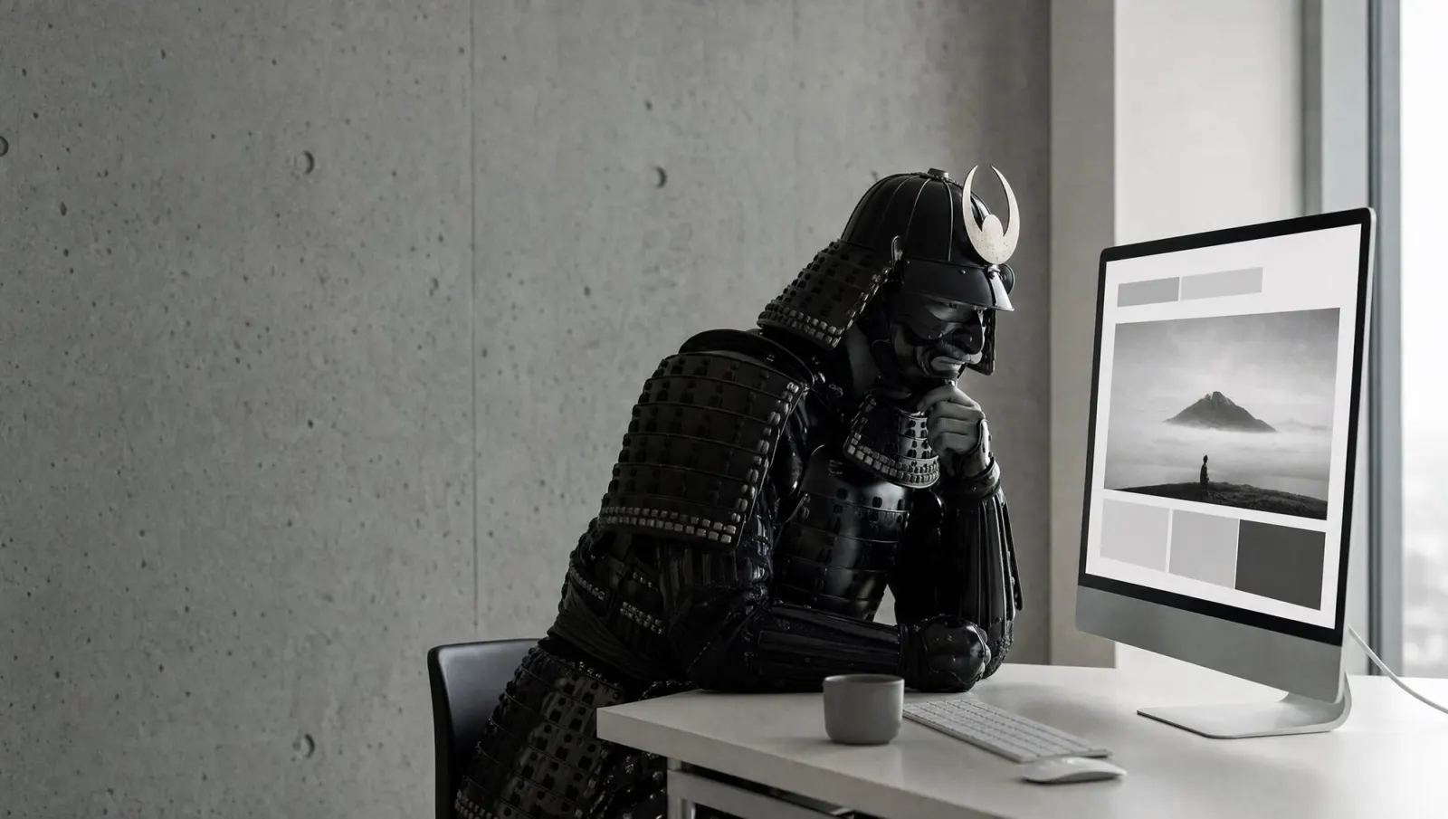 Ein Samurai in schwarzer Rüstung sitzt am Schreibtisch und prüft eine Website auf einem großen Bildschirm.
