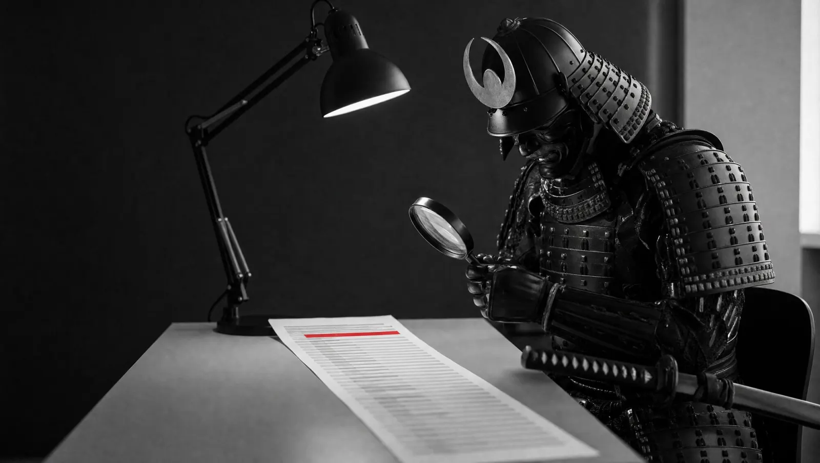 Ein Samurai beugt sich unter einer Schreibtischlampe über einen Ausdruck und markiert Zeilen mit rotem Stift.